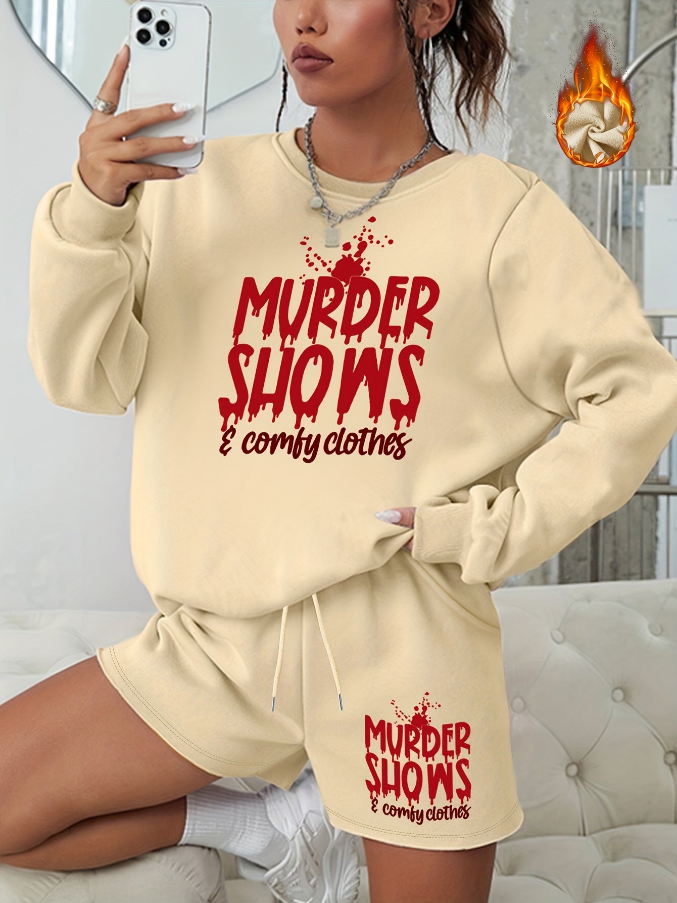 Women's Plus Size Halloween 2pcs Set Letter Print Sweatshirt & Shorts