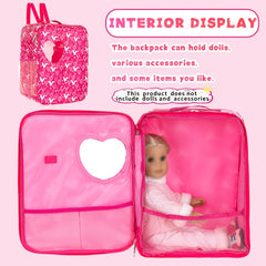 Pink Doll Carrier Backpack with Heart Window & Adjustable Straps for Toy Dolls