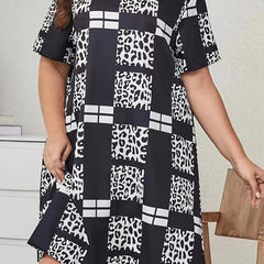  Colorblock Leopard & Grid Print Short Sleeve Dress