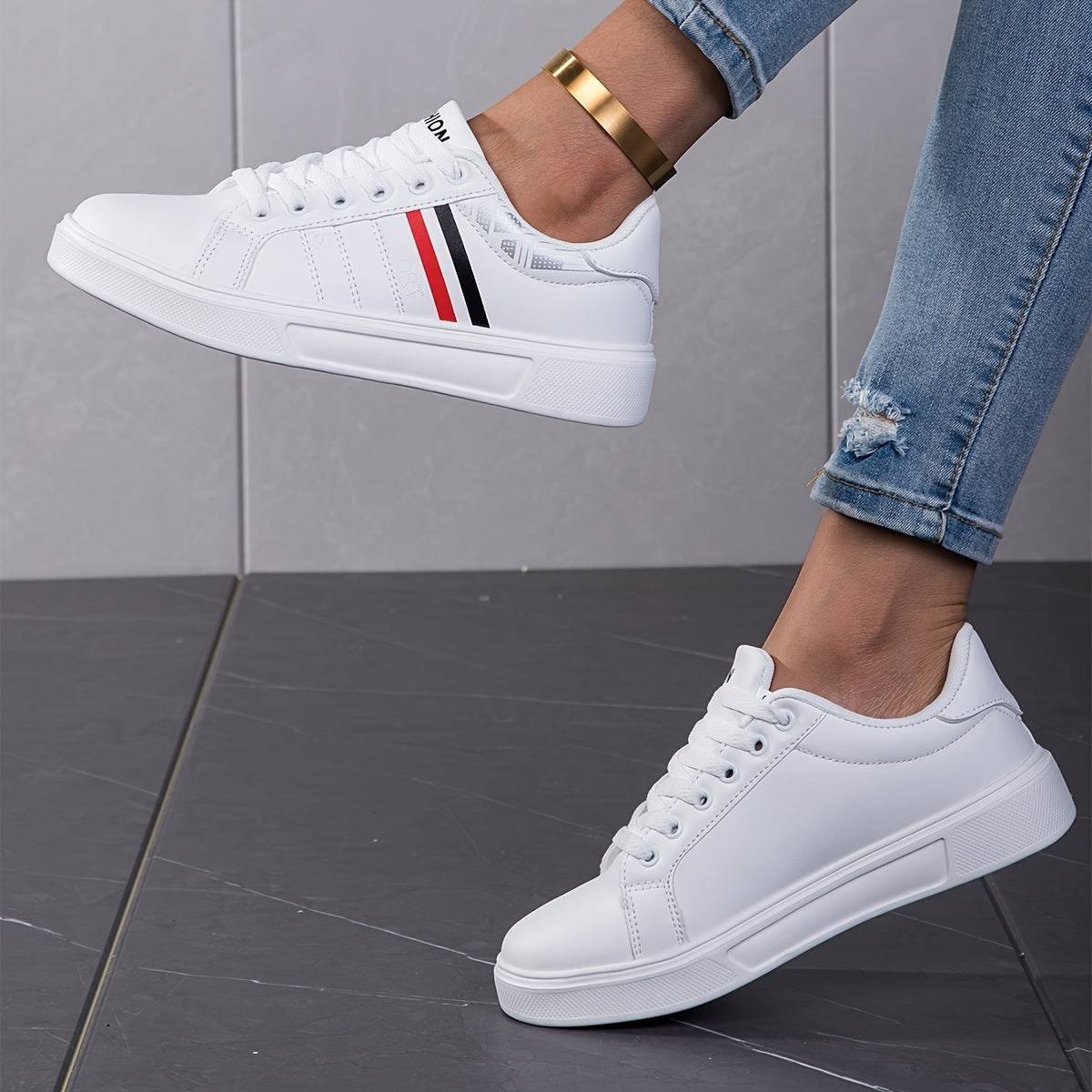 Stripes Pattern Faux Leather Waterproof Skate Shoes Casual Flat Sneakers