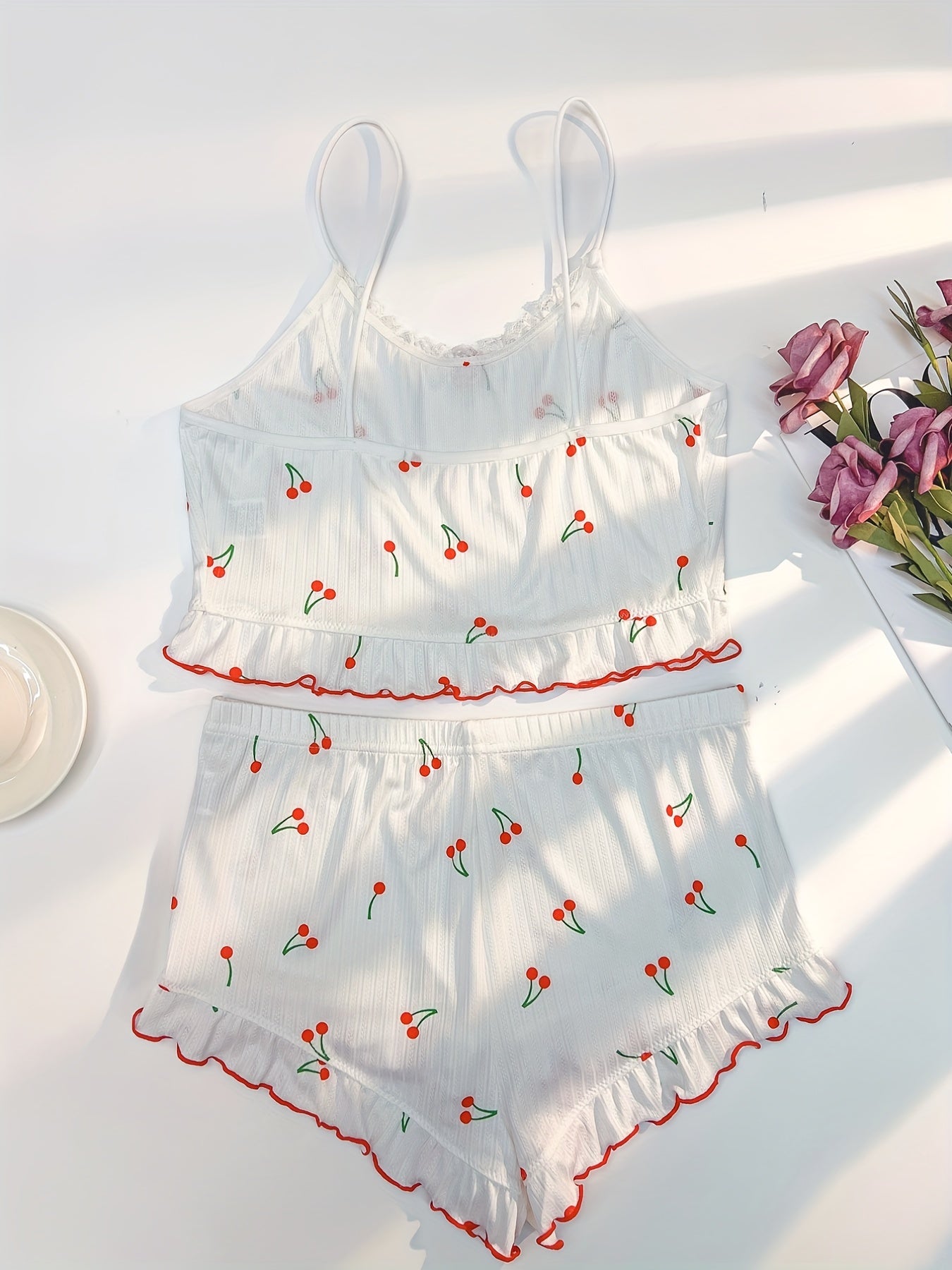 Cherry Print Pajama Set Lace Trim Cami Top & Ruffle Shorts
