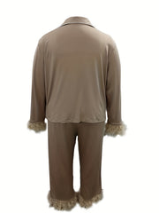 Women's Plus Fuzzy Trim Button Up Pajama Set