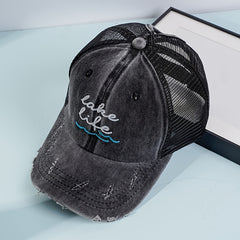 Ponytail Baseball Cap Embroidery Mesh Trucker Hat Women Distressed Dad Hat