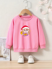 Cartoon Girls With Santa Hat Graphic Crew Neck Sweatshirt