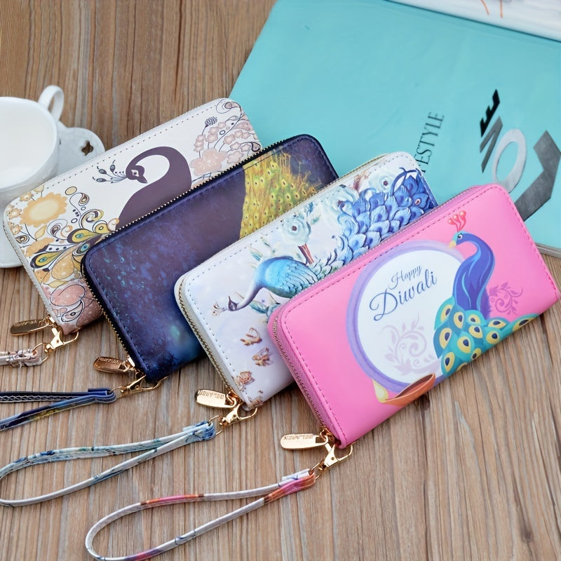 Peacock Print Long Wallet Clutch Purse Wrist Phone Bag