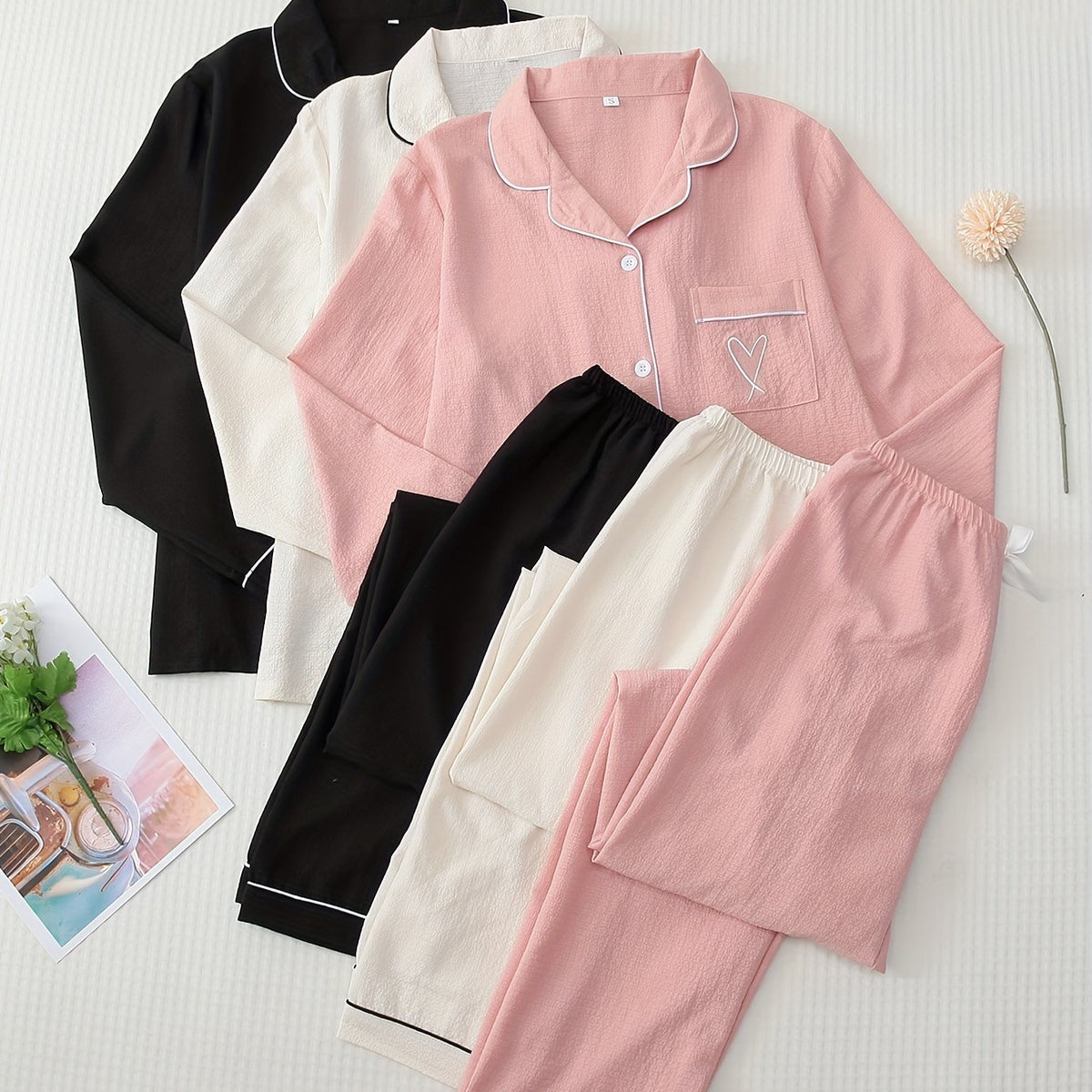 3 Sets Heart Print Pajama Set Long Sleeve Top & Pants Sleepwear