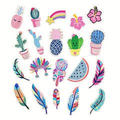 20pcs Cactus Feather Iron On Patches For Men Sew On Embroidered Applique