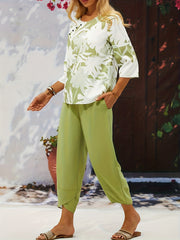 Plant Print 3/4 Sleeve Crew Neck Two Piece Set