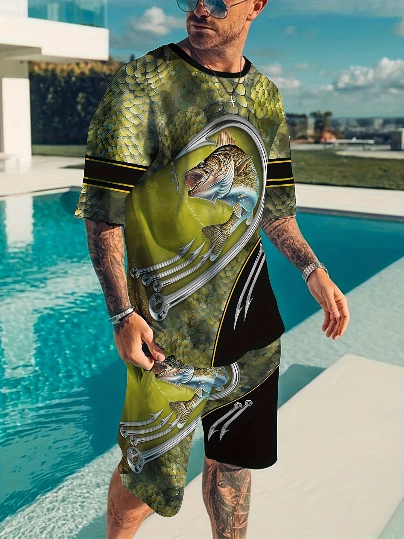 Fish & Fishhook 3D Pattern Men's Outfit: T-shirt & Shorts