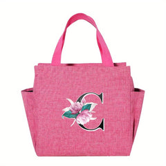 Floral Initial Insulated Lunch Bag Pink High Capacity Thermal Cooler Tote