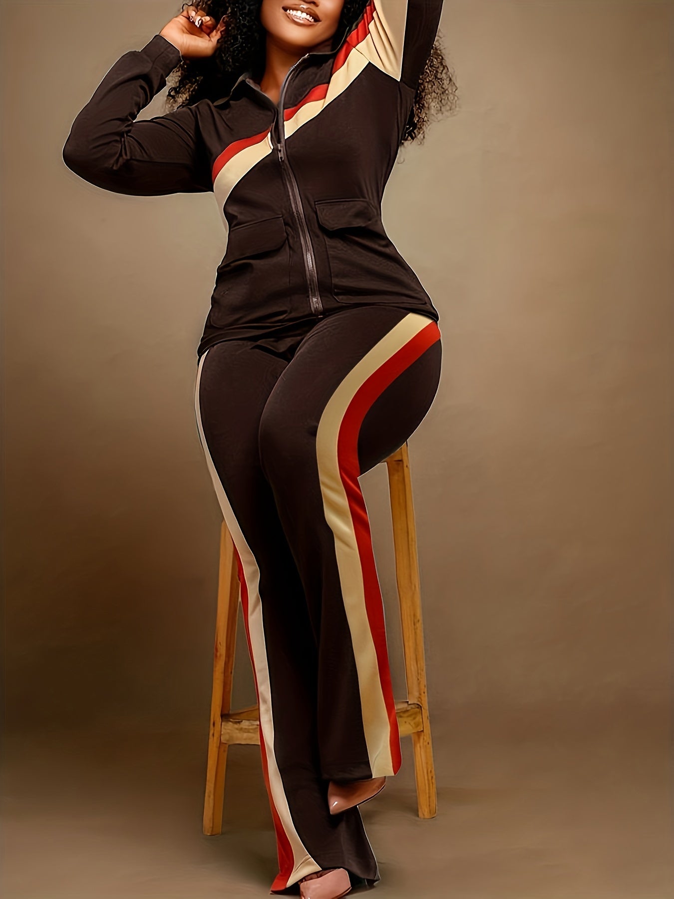  Striped Print Jacket & Pants Set Women's Plus Casual 2pcs Set