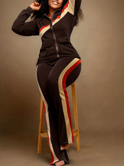  Striped Print Jacket & Pants Set Women's Plus Casual 2pcs Set