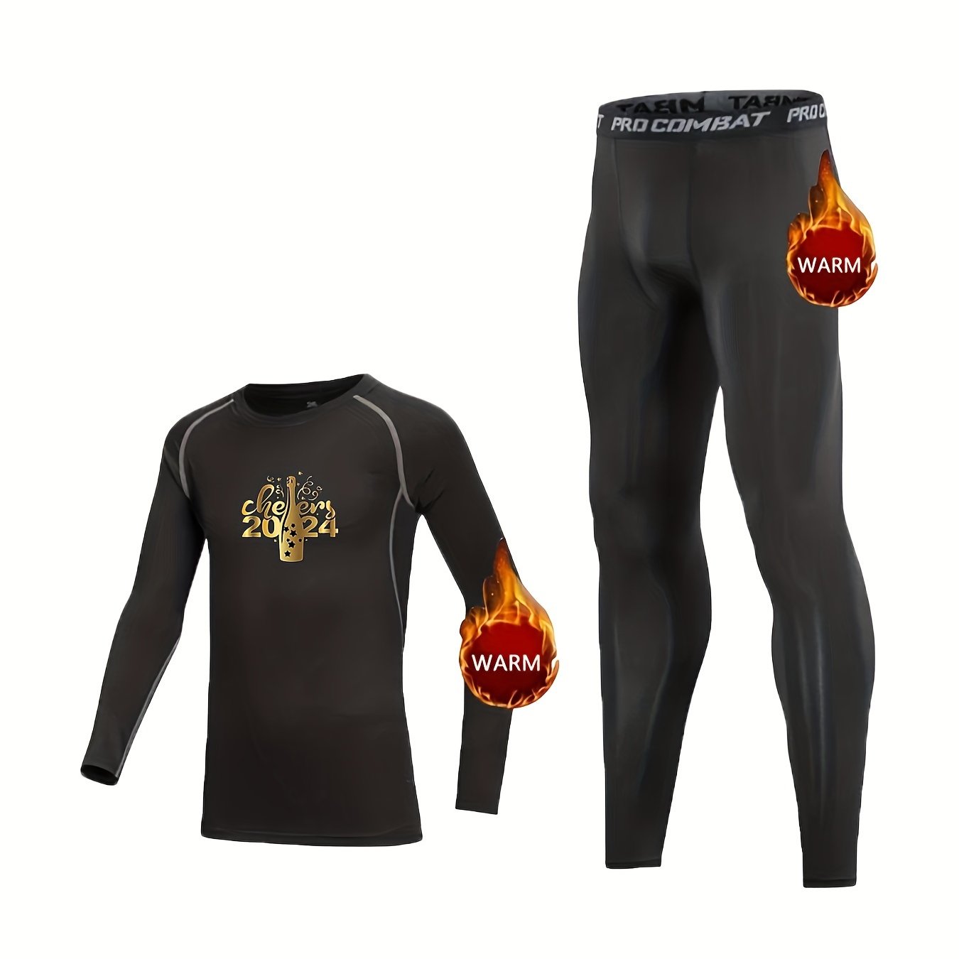 2pcs Kids Fleece Lined Warm Compression Base Set - Year Print