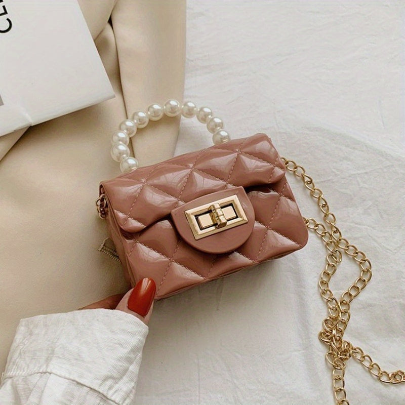 Argyle Quilted Square Bag with Metal Lock and Pearl Handle