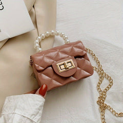 Argyle Quilted Square Bag with Metal Lock and Pearl Handle