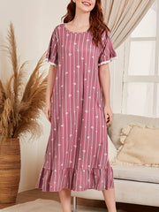Heart Print Ruffle NightDress Striped Pajama Dress