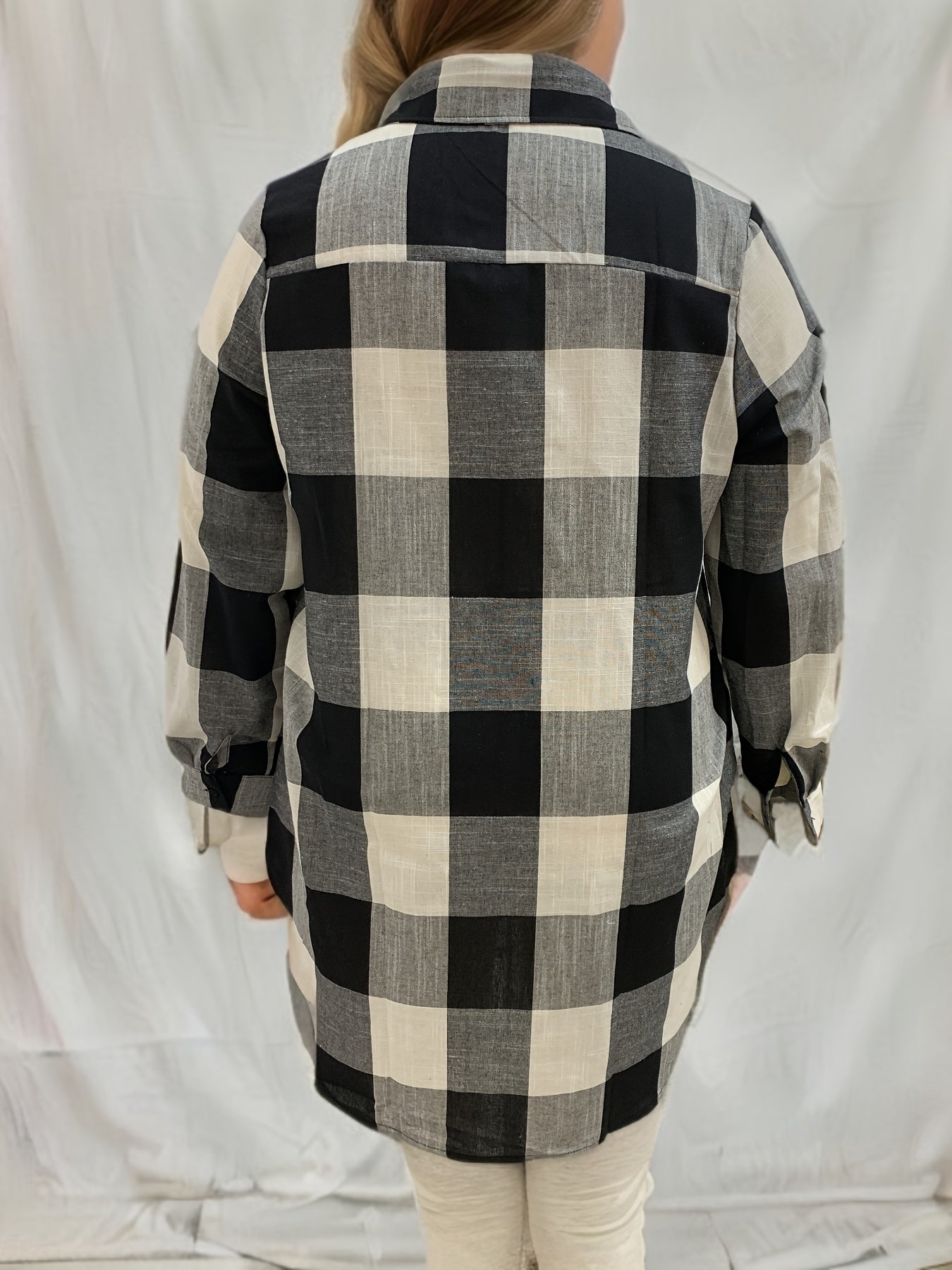  Gingham Print Button Up Long Sleeve Blouse