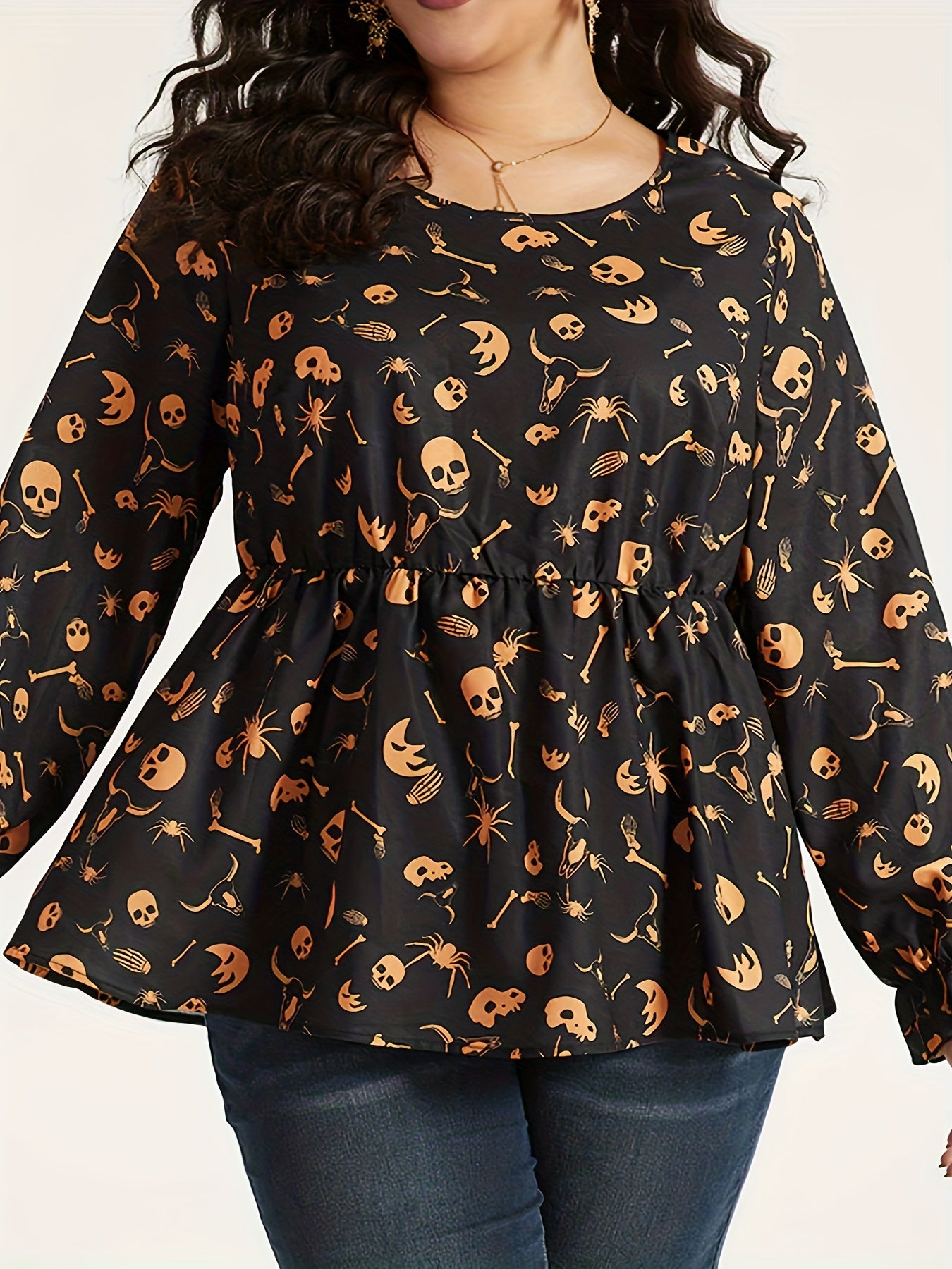  Halloween Skull Print Peplum Top