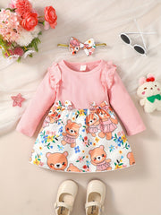 Bear Print Long Sleeve Flutter Sleeve Top Stitching Dress Baby