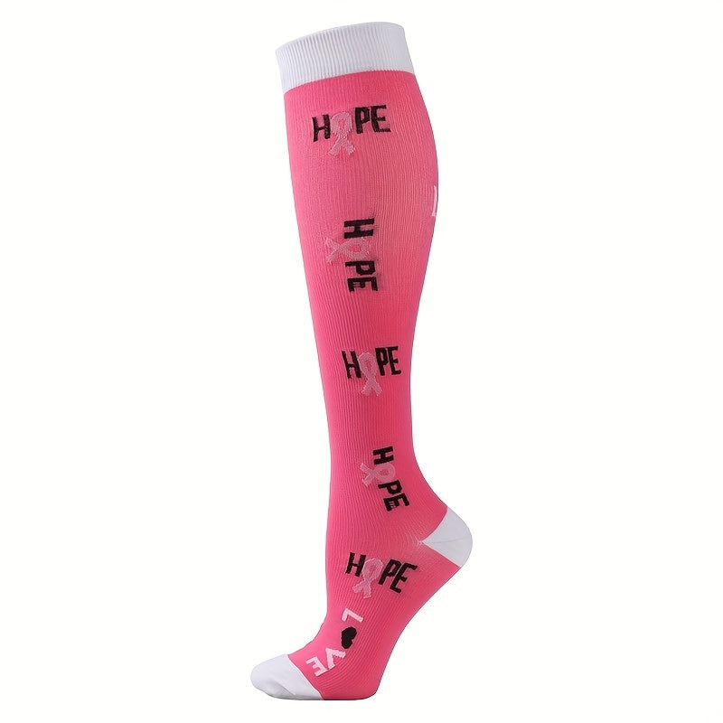 Letter & Bow Print Calf Socks Compression Knee High Women's Stockings
