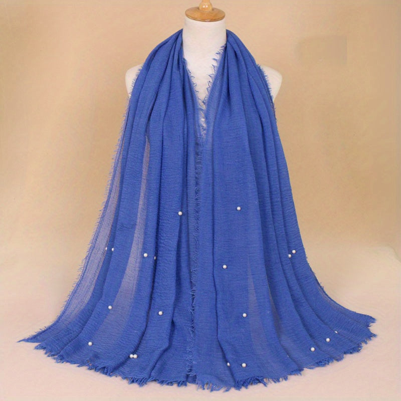 Solid Hijab Faux Pearl Decor Scarf Frayed Edge Shawl