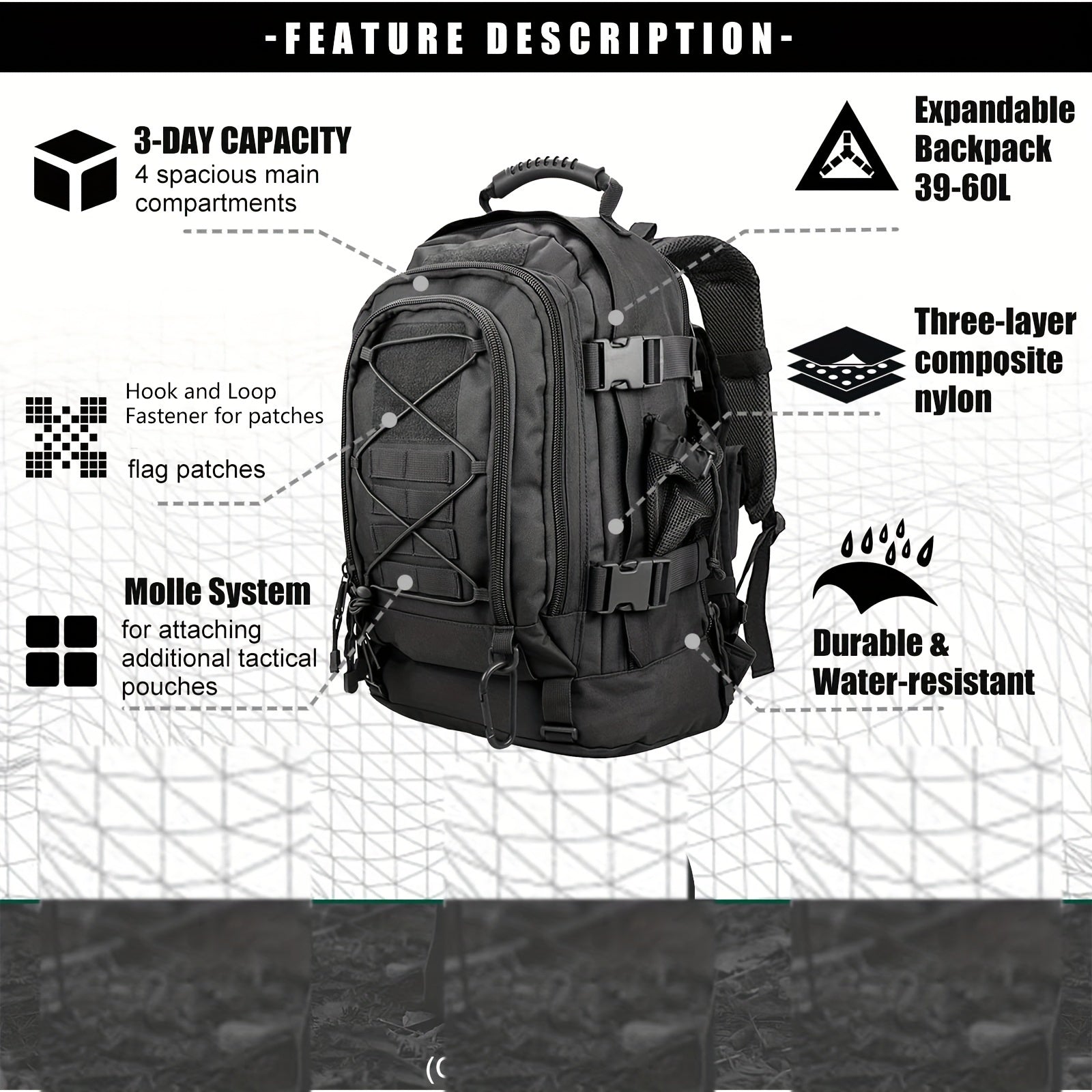 Large Capacity Backpack Tactical Sports Bag for Camping Hiking