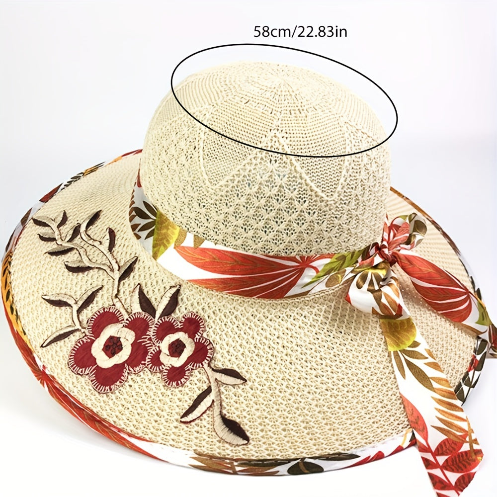 Vintage Flower Embroidery Sun Hat Beige Hollow Crochet Straw Hat UV Protection