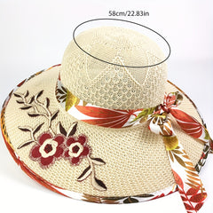Vintage Flower Embroidery Sun Hat Beige Hollow Crochet Straw Hat UV Protection