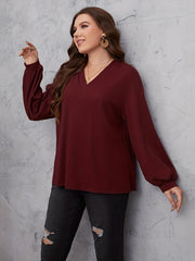  Casual Knit Top Solid Lantern Sleeve V Neck Knit Top