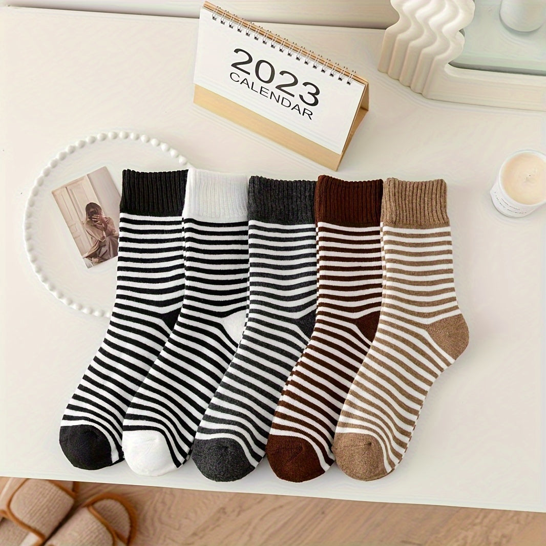 5 Pairs Stripe Print Thickened Mid Tube Socks for Women