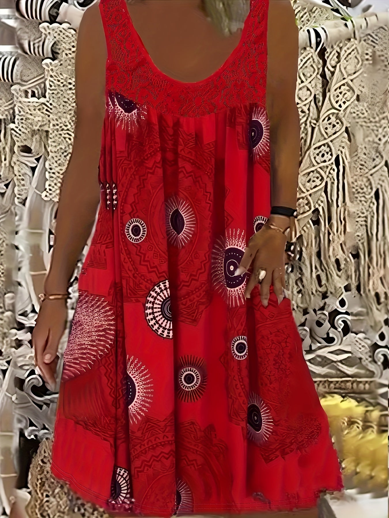 Tile Print Eyelet Embroidered Tank Dress