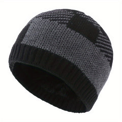 Winter Fleece Lining Plaid Knitted Beanie Hat for Men & Women