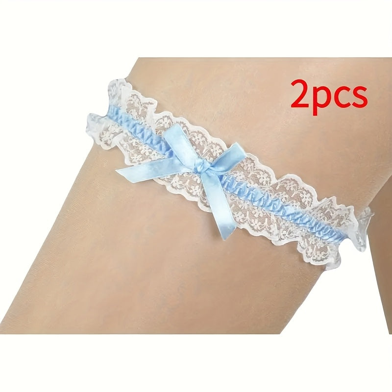 2pcs Elastic Bridal Garter w/ Bow & Lace Trim for Weddings & Showers Ideal Gift