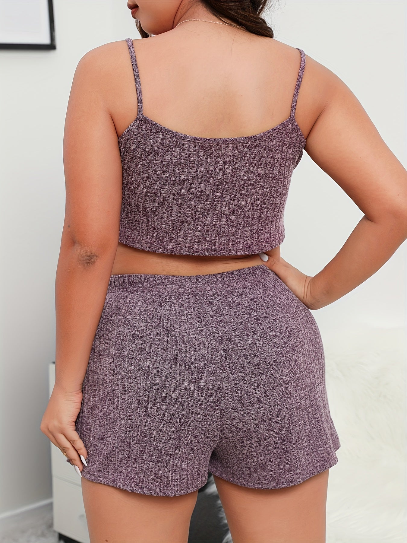  Ribbed Knit Crop Cami & Shorts Set Comfort Pajama 2 Piece