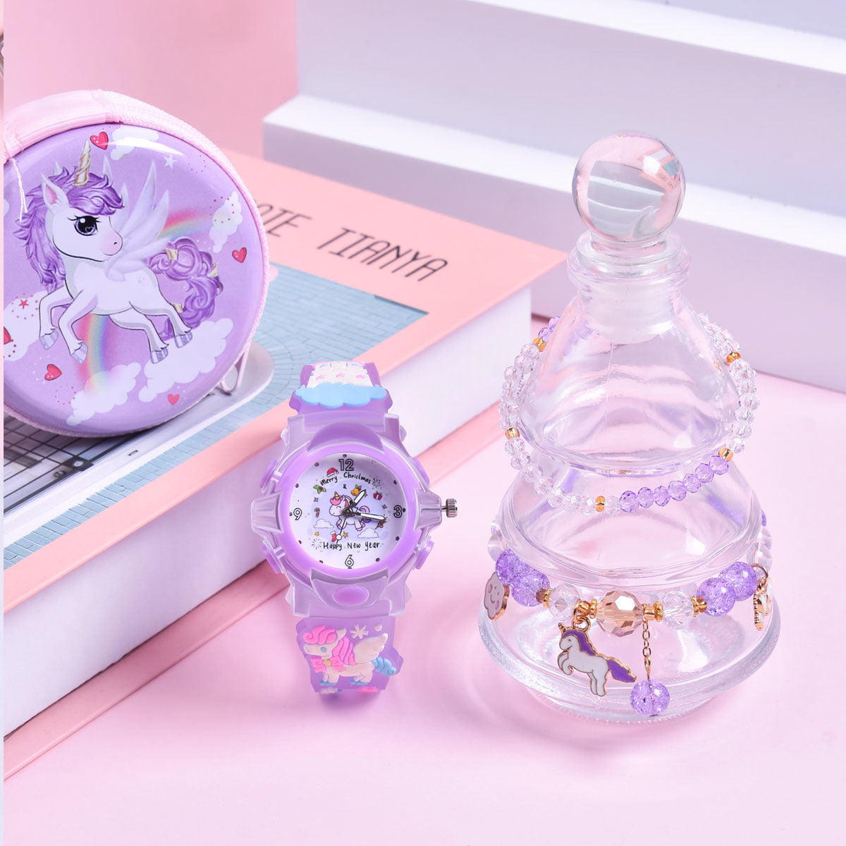 Girls' Magical Watch Set with Glowing Quartz Movement & Heart Charms