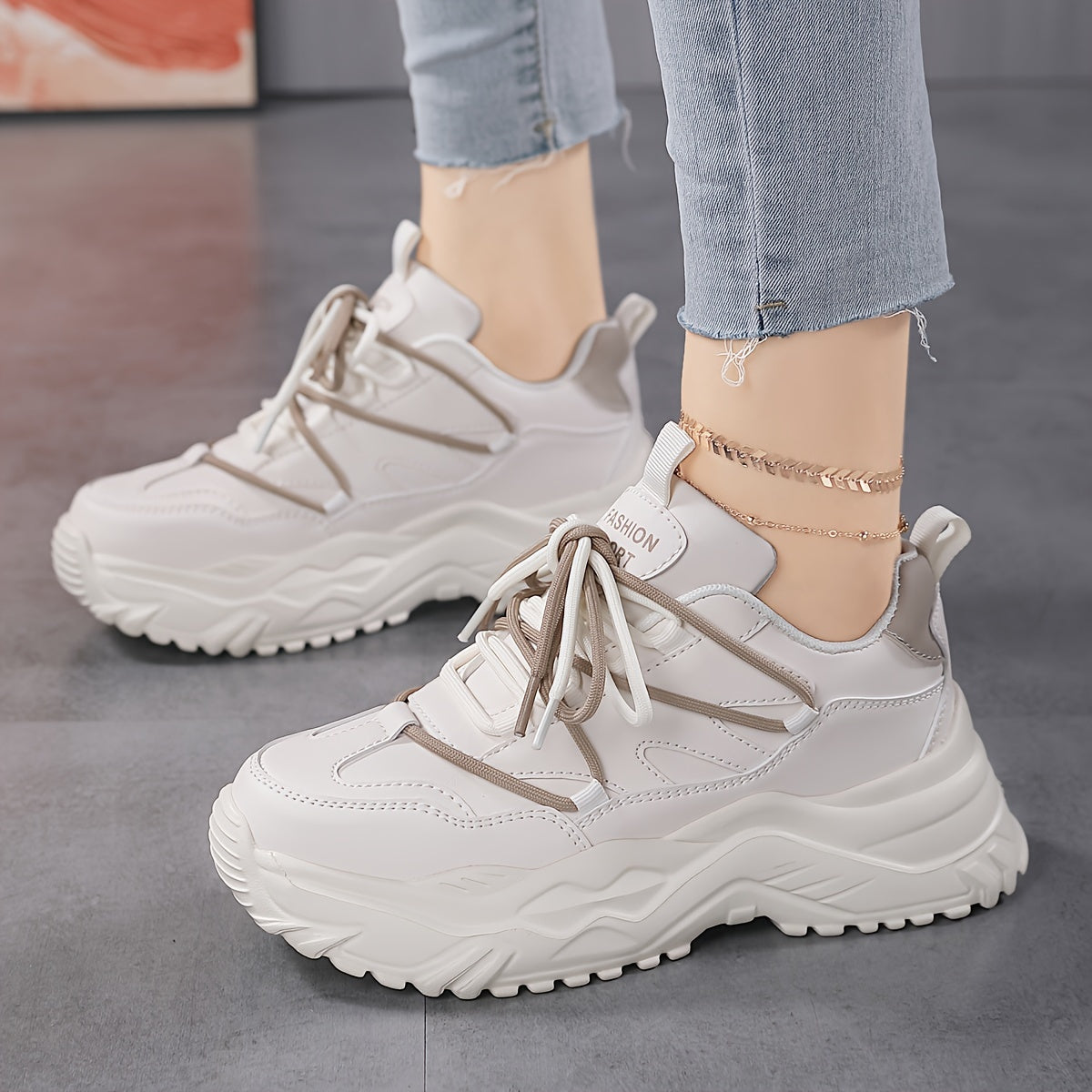Women's Faux Leather Chunky Sneakers Casual Lightweight Running Shoes