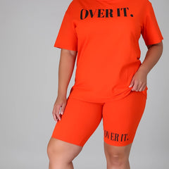  Letter Print Tee & Biker Shorts 2pcs Set Women's Plus Casual Outfits