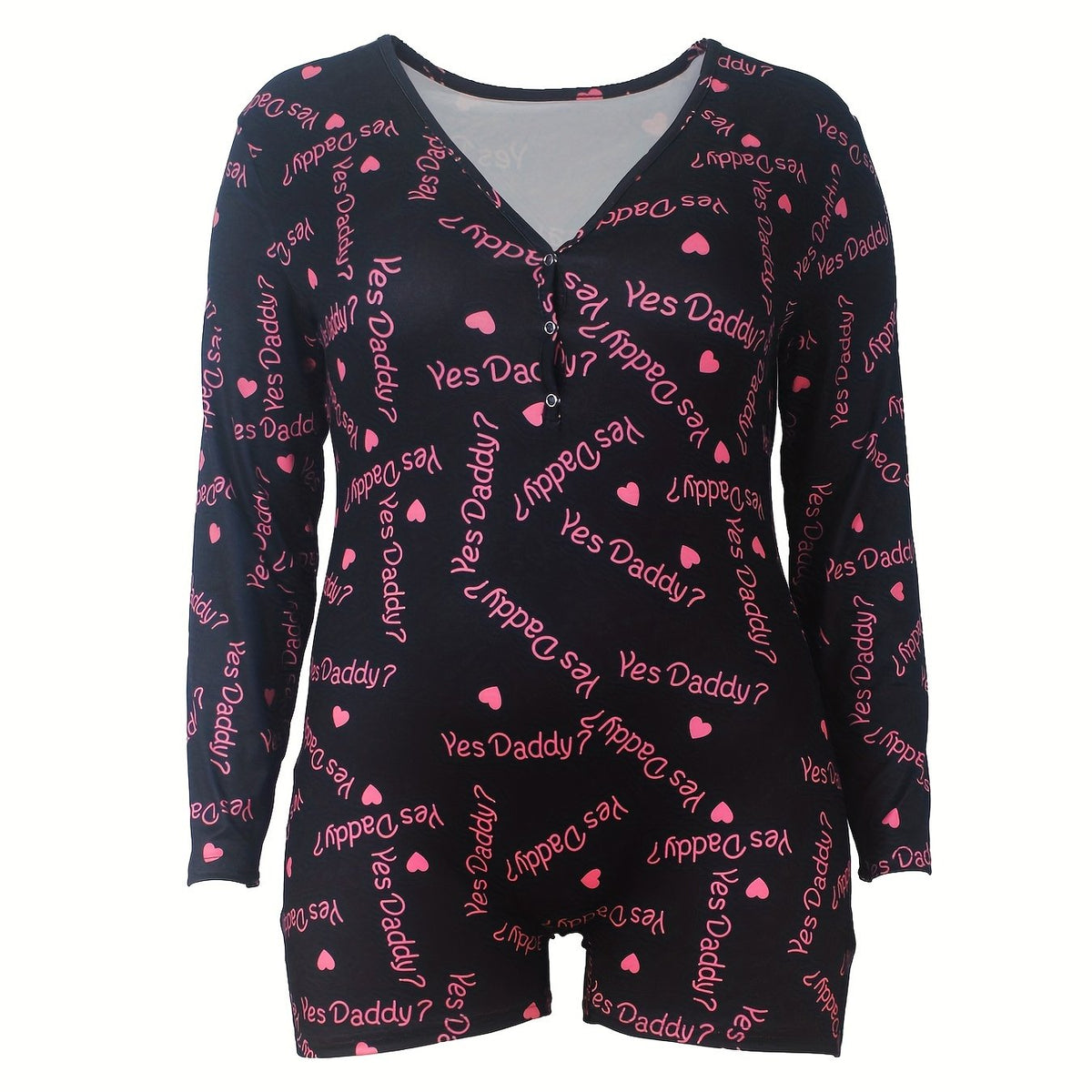 Sexy Lounge Romper Women's Plus Heart & Letter Print Long Sleeve