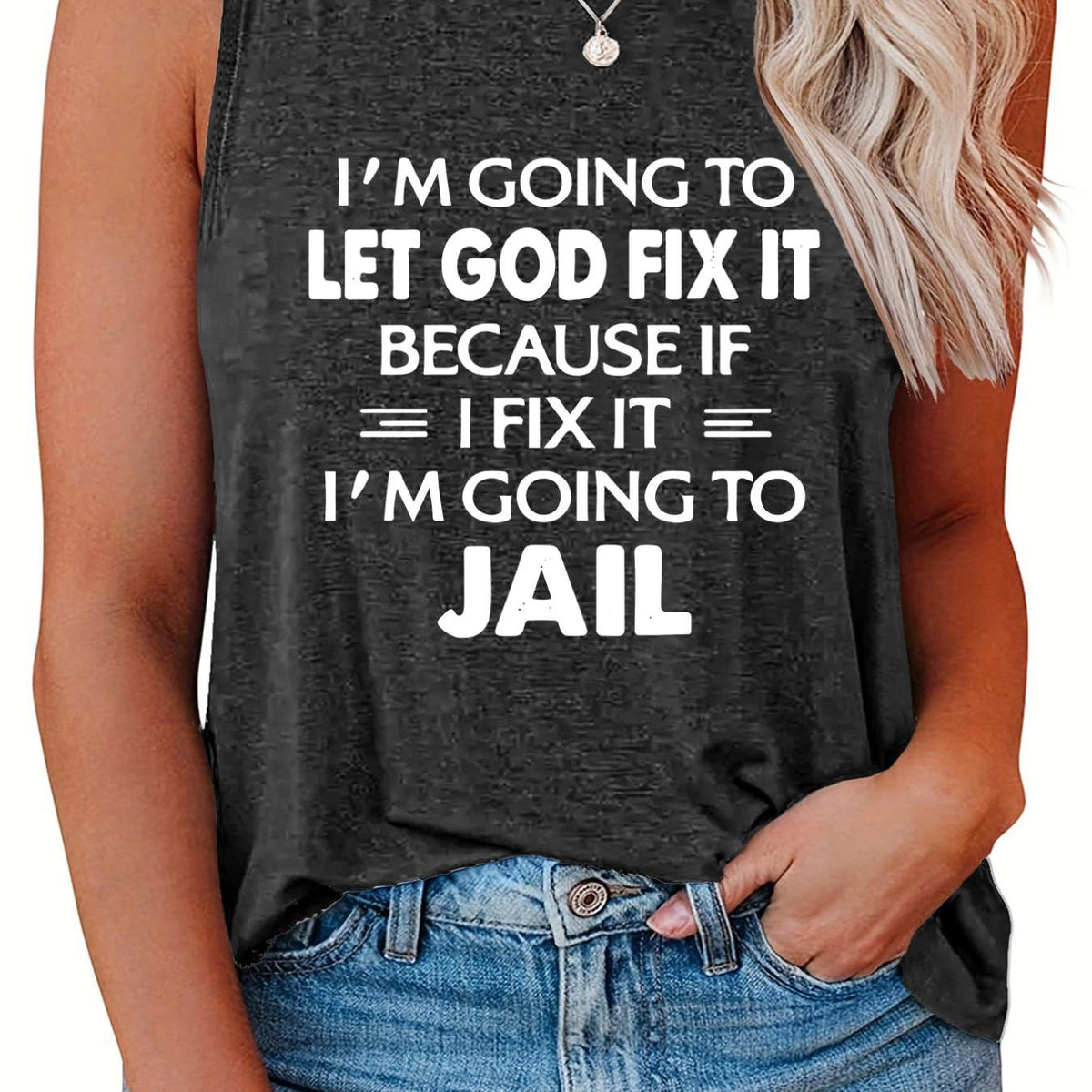  Casual Tank Top Women's Plus Slogan Print Round Neck Tank