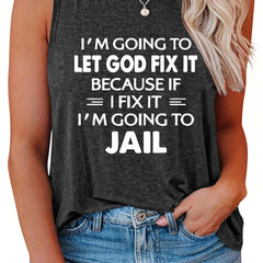  Casual Tank Top Women's Plus Slogan Print Round Neck Tank