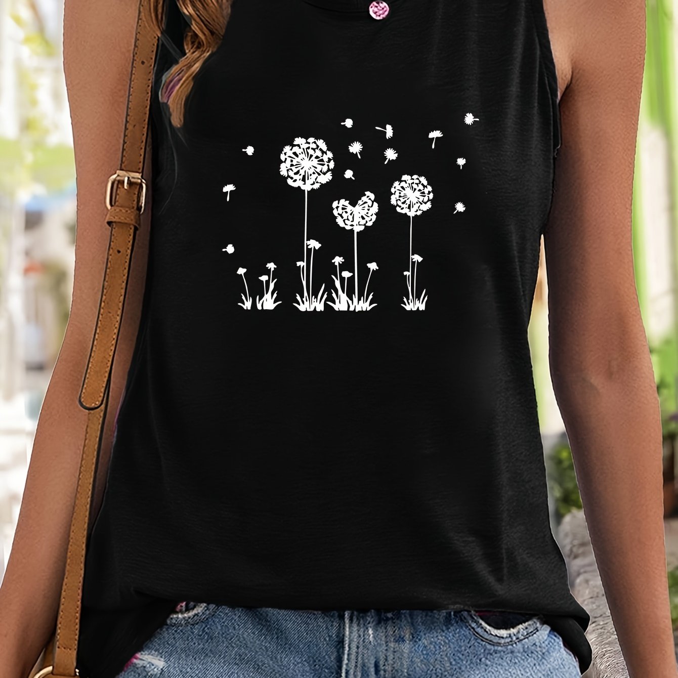 Dandelion Print Tank Top Crew Neck Loose Fit Sleeveless Basic