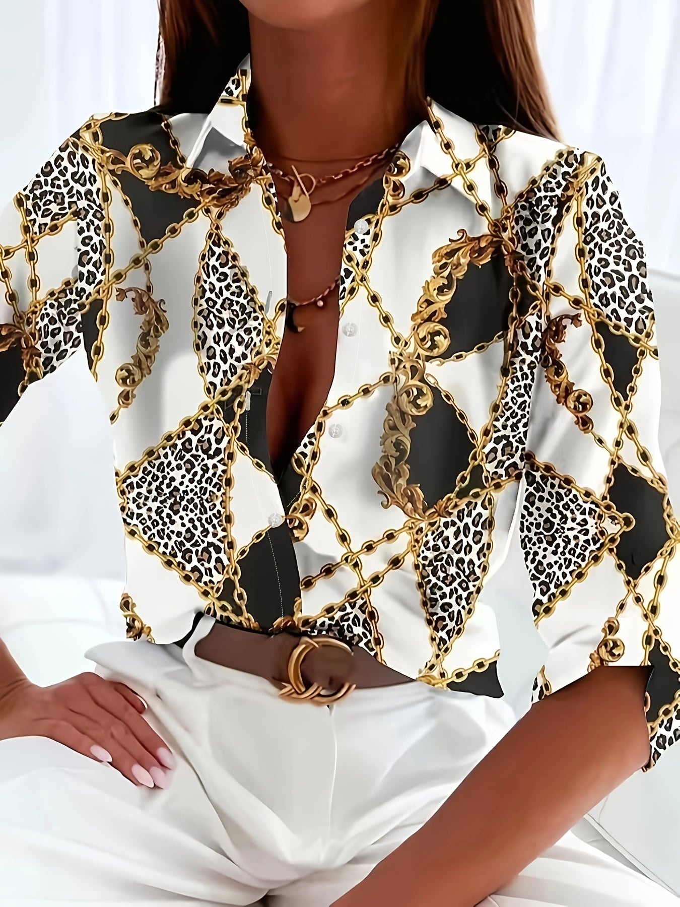  Colorblock Leopard & Baroque Print Blouse