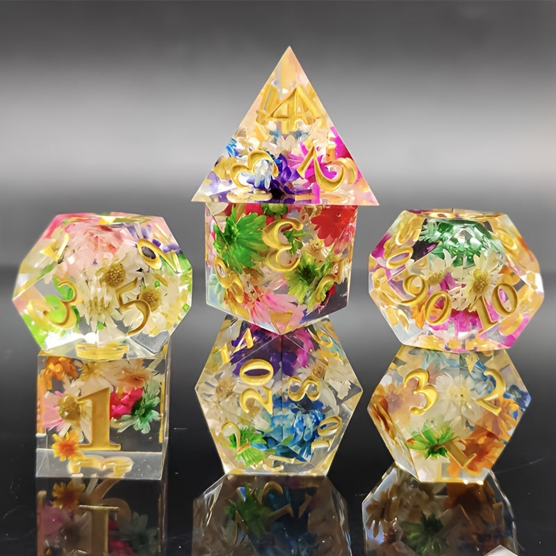 7pcs Transparent Flower Resin Dice Game Accessories