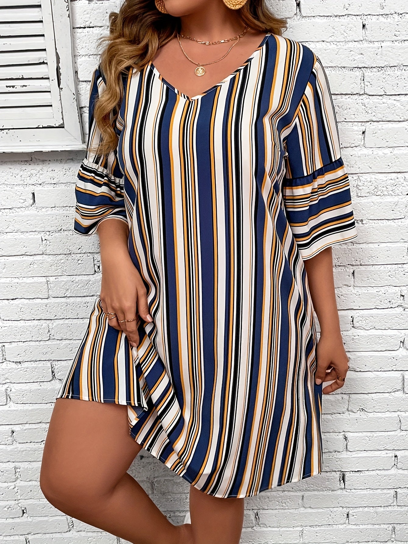  Stripe Print Half Sleeve Loose Fit Mini Dress