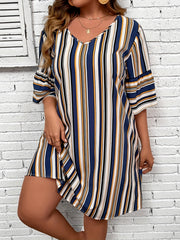  Stripe Print Half Sleeve Loose Fit Mini Dress