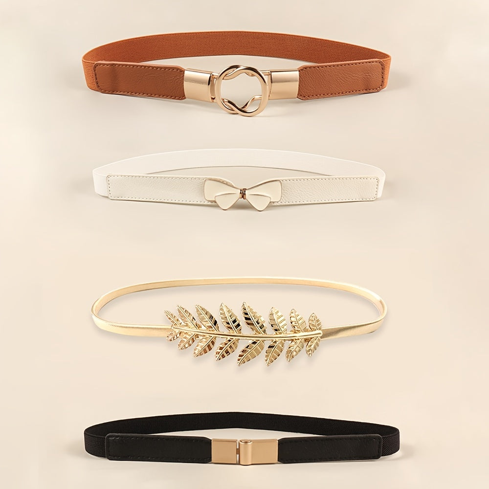 4PCS Brown Leaf and Bow Buckle Belt Set for Women
