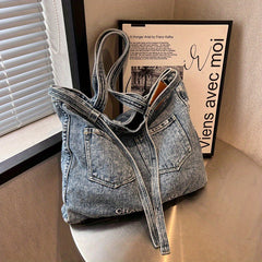 Denim Tote Bag Large Capacity Handbag Double Handle Shopping Shoulder Bag