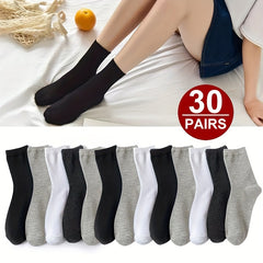 10 20 30 Pairs Solid Socks Comfy & Breathable Women's Stockings