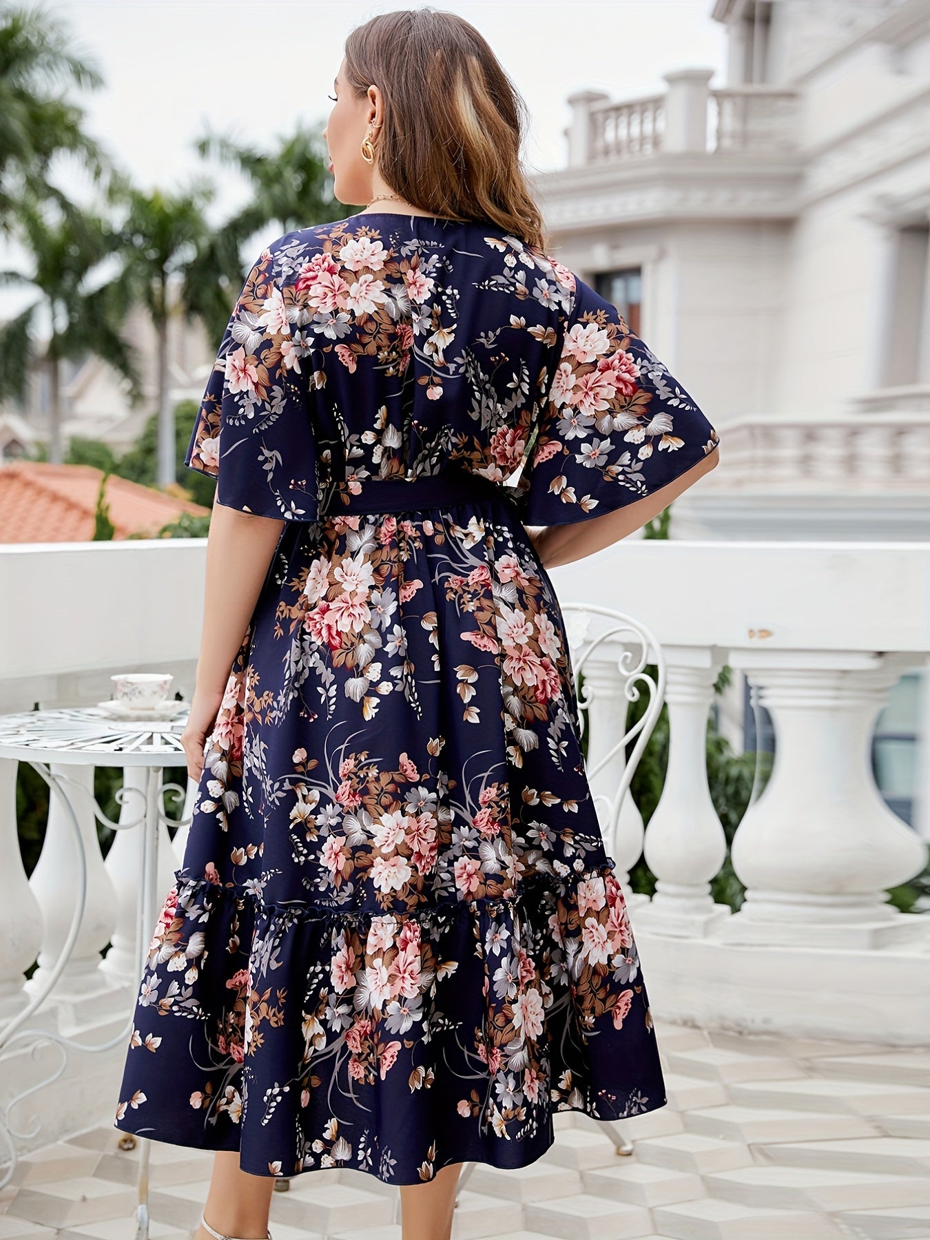 Women's Plus Floral Print Flutter Sleeve Midi Smock Dress