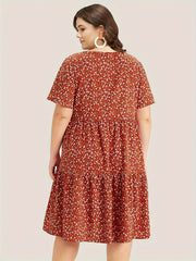  Ditsy Print Short Sleeve Round Neck Dress With Pockets